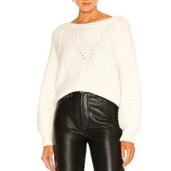 Free People Carter Pullover Cable Knit Sweater XS White Cottagecore Boho Balloon - Picture 3 of 9